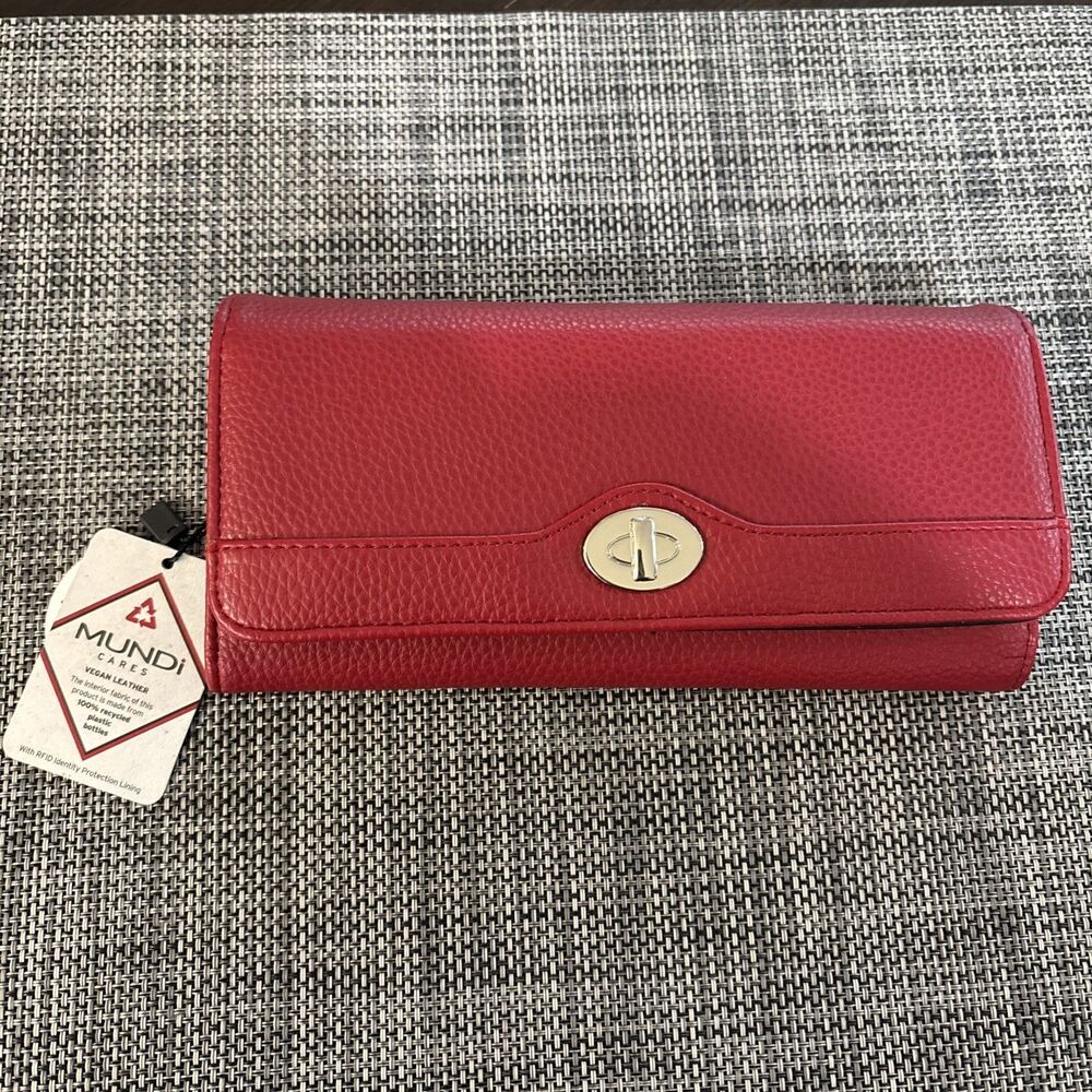 WALLET Mundi Women Red RFID FILE Organizer Faux Leather Vegan Slots Snap AntiMic